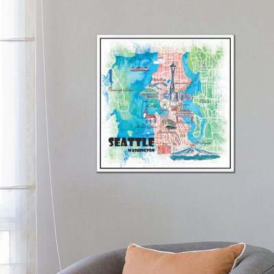 Seattle Washington Illustrated Map by Markus & Martina Bleichner - Painting on Canvas