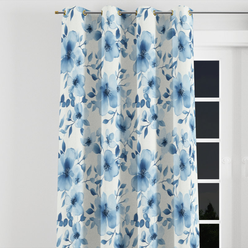 Floral Curtain panels - Country Farmhouse Blue Whisper Grommet Curtain - 1 Panel, Gold Grommets, 52" W x 108" L