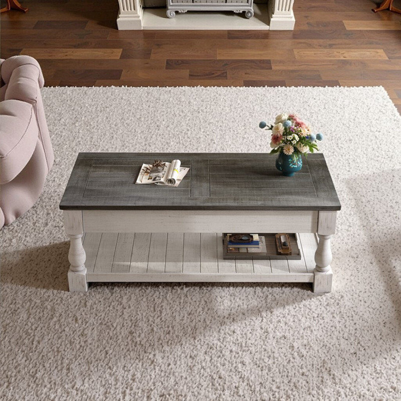 Lift Top Coffee Table with Fixed Shelf, Solid Wood Splice Tabletop, 3 Hidden Storage Trays, Antique Gray & Weathered White Two-Tier Table for Living Room