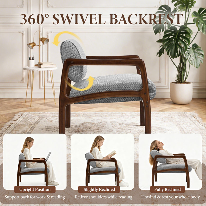 Modern Solid Wood Accent Chair Arm Chair with Adjustable Backrest 360° Rotating, Gray