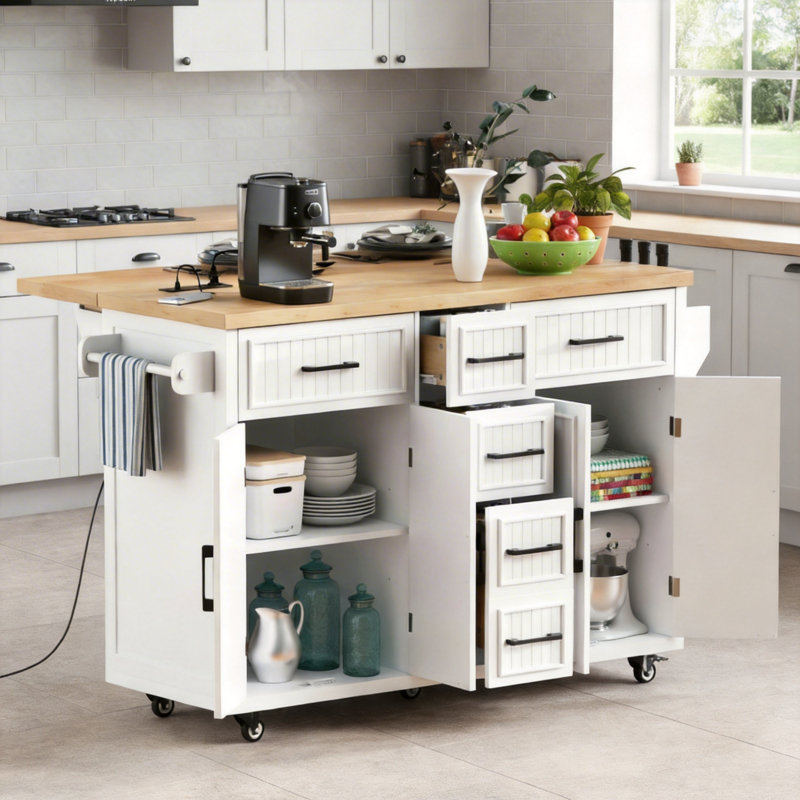White Embossed Striped Island Counter With Wheels, Folding Tabletop, Power Outlet, 4 Doors, 5 Deep Drawers, Adjustable Shelves, Suitable For Kitchen And Dining Room.