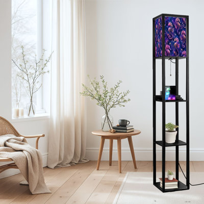 Dimmable LED Standing Floor Lamp Vibrant Purple Gold Seahorses Underwater Coral, MDF Frame Floor Lamp with Remote Control, 3 Color Light, for Living Room Bedroom