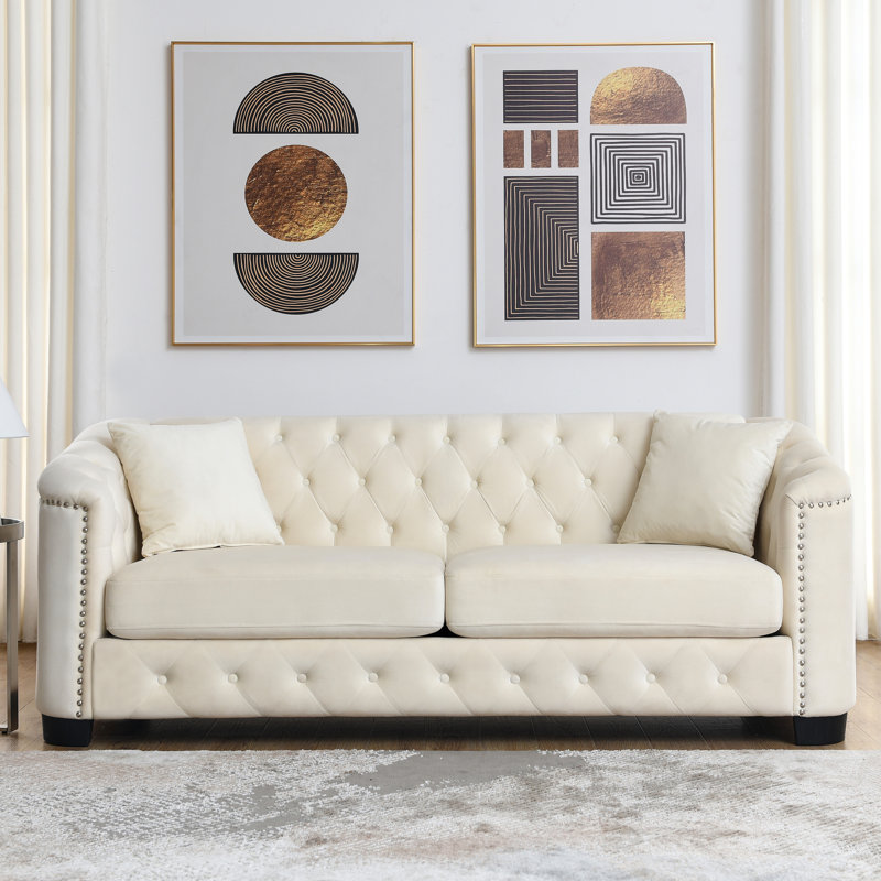 Velours moderne pour 3 sièges, avec dossiers, garniture cloutée et coussins moelleux de couleur beige, 3, Beige