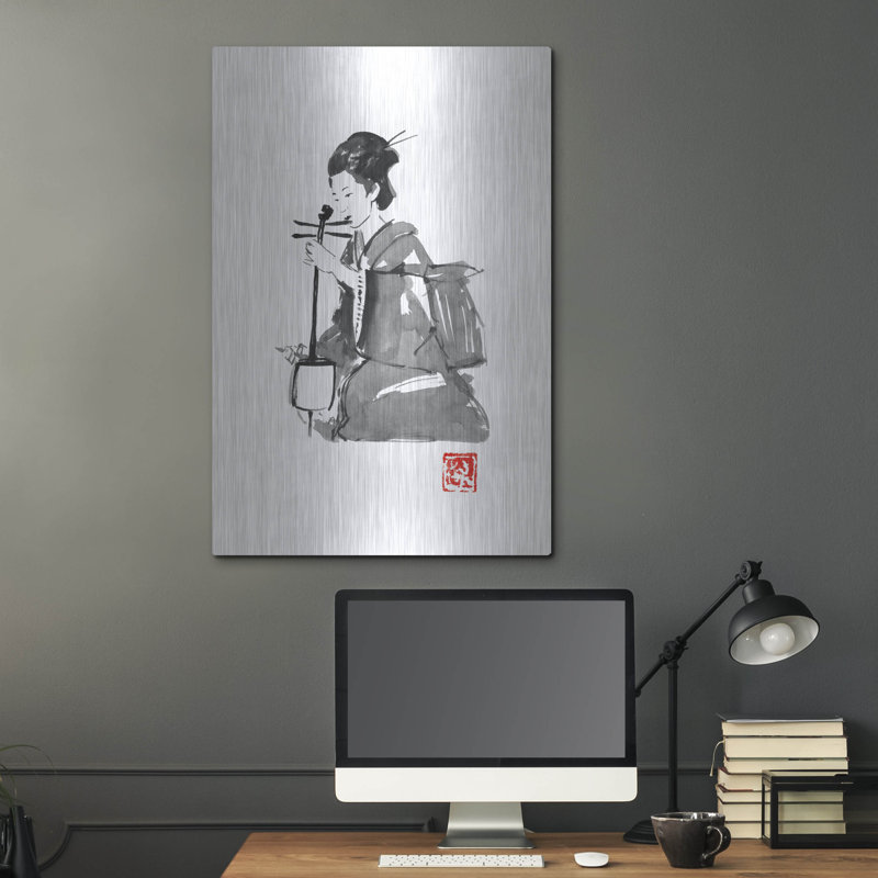 "Jouant à la geisha" par Pechane, art mural en métal, H 16 po x l 12 po