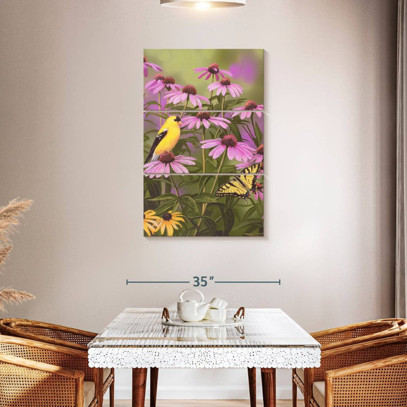 Harnek papillon et pinson parmi les fleurs, H 45 po x l 28 po