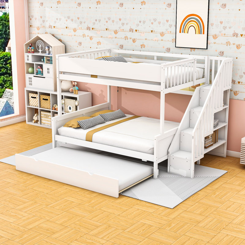 Full XL over Queen Bunk Bed with Storage Shelves and Staircase,Twin Trundle, White