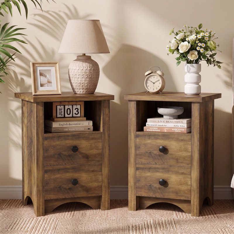 NightStand, ensemble de 2 avec 2 tiroirs et tablette de rangement ouverte, table de chevet de ferme pour salon de chambre à coucher