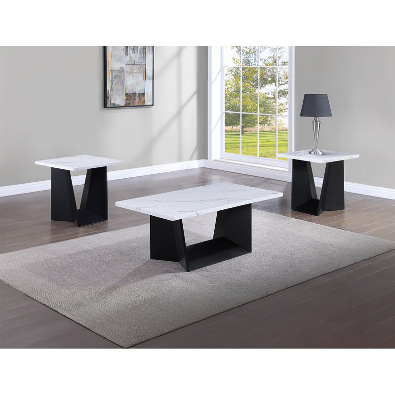 Ensemble de table basse moderne 3 pièces Table de bout Table de bout luxueuse avec faux-marbre et base angulaire noire Meuble de salon en bois blanc