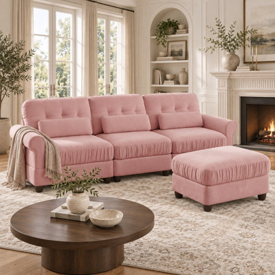 Canapé d'angle modulaire Rovesselle 3 places en chenille de 249 cm de large avec pouf amovible, coussins à volants et coussins lombaires