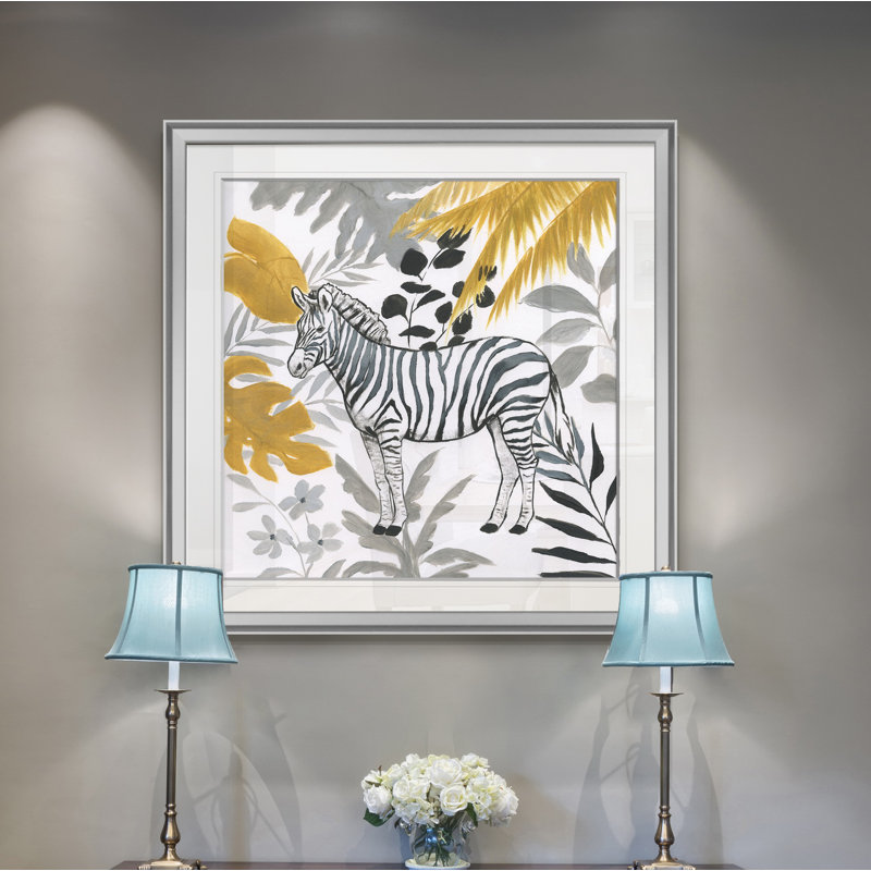 « jungle zèbre », peinture, H 16 po x l 16 po x P 1,5 po, Encadrement argenté
