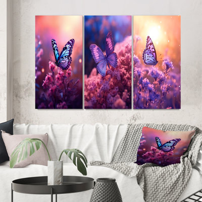 Pink Butterfly Wonderful Sunset III - Animals Butterfly Art Set Of 3 Pieces