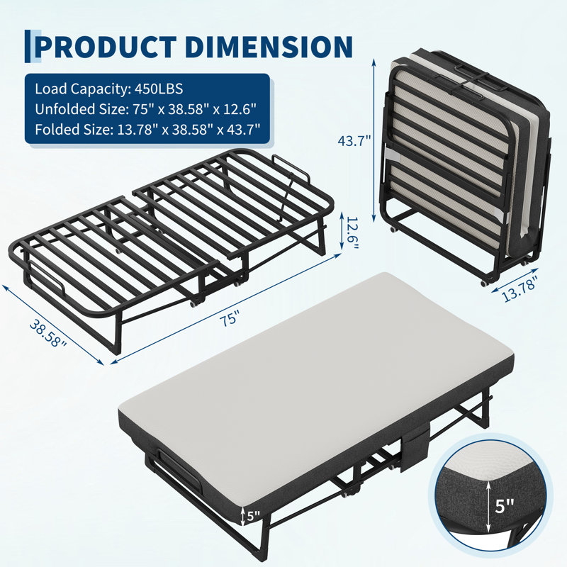 Folding Bed for Adults with 12cm Mattress, Heavy Duty Metal Frame Portable Guest Bed, 75 x 38 Inch Foldable Bed for Home Guest Use