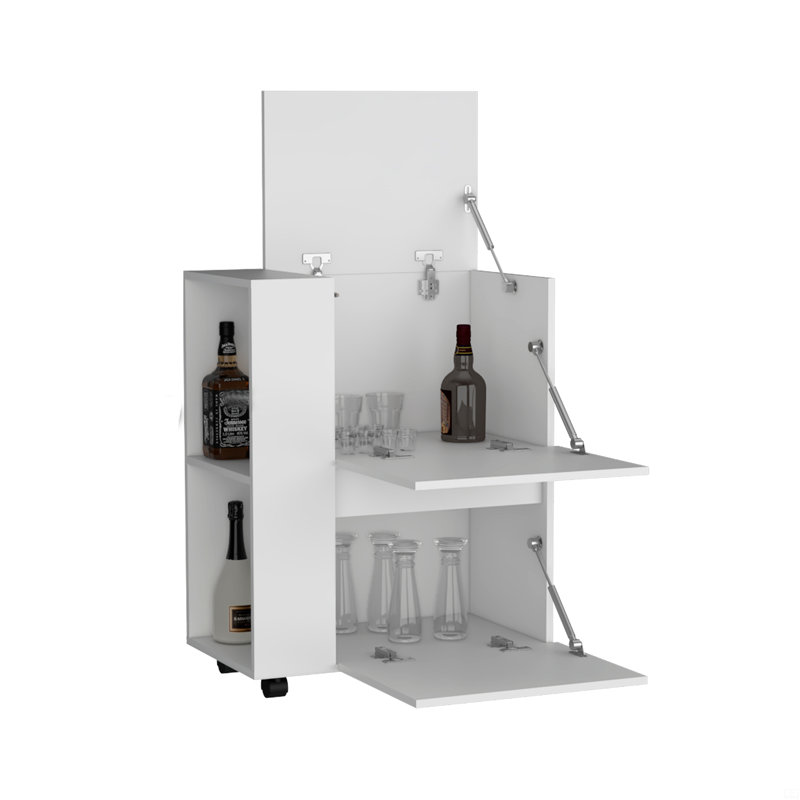 Chariot-bar deux armoires à portes coulissantes et deux tablettes ouvertes, Blanc