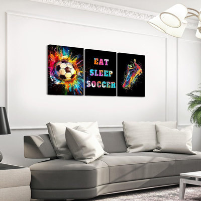 Art mural en toile de soccer pour le salon, chambre à coucher, image colorée vibrante, décoration murale pour salle de bain, thème sportif, garçons, filles, œuvres d'art, affiches, cadeau, amateur de soccer, peinture 12 po x 16 po x 3 pièces