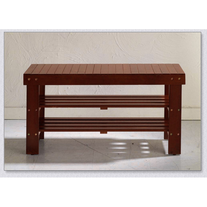 Banc à chaussures en bois massif de qualité Pina, finition cerisier, solution de rangement d'entrée robuste et élégante