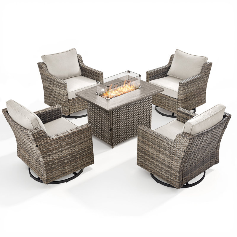 Ensemble de mobilier de patio avec table de foyer, ensemble de conversation d'extérieur toutes saisons 5 pièces avec chaises berçantes pivotantes pour la cour, la terrasse