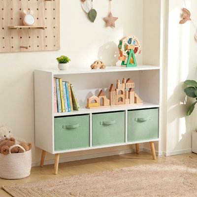 Meuble de rangement pour enfants avec 3 tiroirs pliables en tissu, tablette ouverte pour ranger les jouets, style bibliothèque/rangement pour enfants, idéal pour la salle de jeux, la chambre ou la chambre d'enfant.