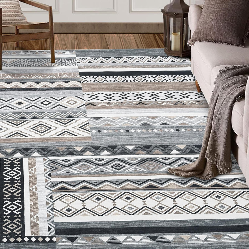 Vintage Patchwork Rug Washable Grey Hallway Non Slip Geometric Carpet Stain Resistant Tribal Soft Mat Low Pile Foldable