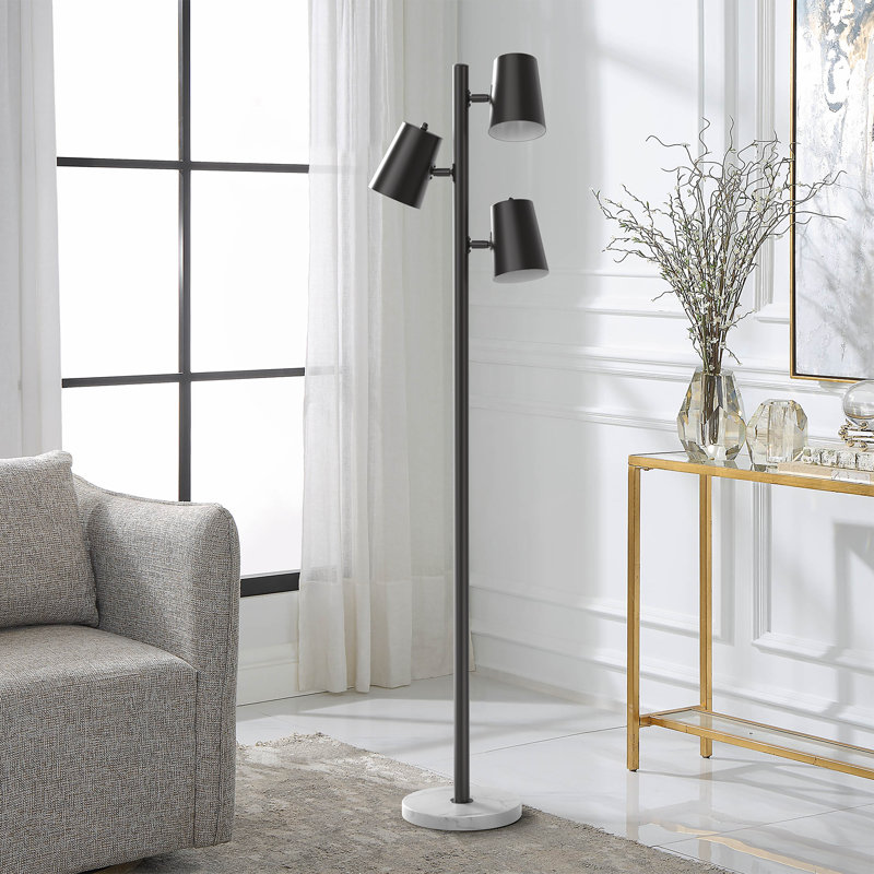 Black Metal and Marble Adjustable Multi-head Floor Lamp