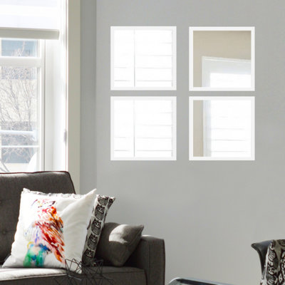 Mirror Set (4 Pieces), 24 x 24 inches | 100% Glass with Laminated Plastic Frame, 0.16 inches Thick | Elegant White & Silver Design | Perfect for Home Decor, Living Room, & Bedroom - Stylish and Versatile!