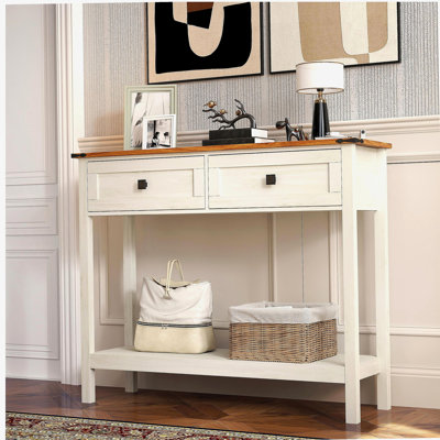 Armoire latérale de style champêtre avec 2 tiroirs et une tablette de rangement inférieure, adaptée à l'entrée, armoire latérale de style champêtre avec tiroirs de rangement et tablette de rangement, adaptée pour le salon, le couloir (blanc rétro)