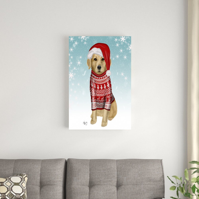 Golden Retriever In Christmas Sweater par Fab Funky - impression sur toile tendue, H 30 po x l 20 po