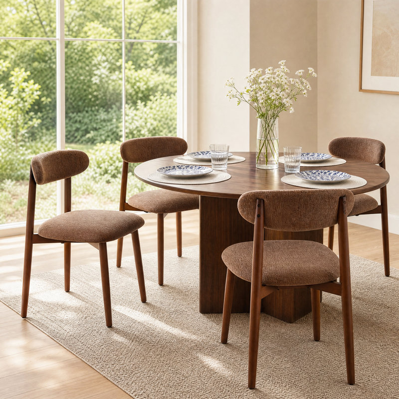 Ensemble de chaises de salle à manger rembourrées Modern 4 pièces avec dossier incurvé et structure en bois massif, Brun