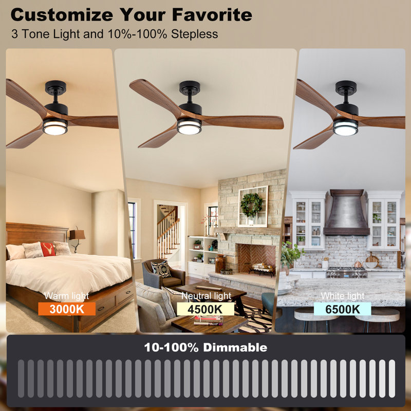 52” Outdoor Ceiling Fan with Light, 3 Walnut Solid Wood Blade, Remote Control, 3CCT Dimmable LED, Timer, 6-Speed Reversible Motor All-Weather Use for Living Room or Patio
