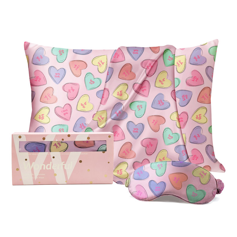 Wonderful Textile 100% Silk Pillowcase with Silk Eye Mask, Full / Double, Pink Geometric
