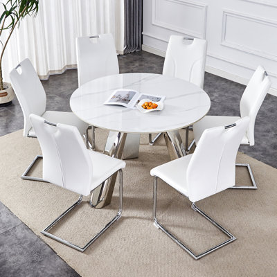 Ensemble de 6 tables de salle à manger et chaises - plateau de table en pierre frittée de 42 po, chaises blanches avec pieds argentés décoratifs, acier inoxydable moderne de 42 po, pierre, couleurs