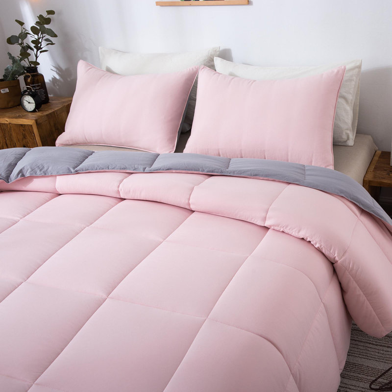 All Season Down Alternative Quilted Comforter Set-Reversible Bedding Set-Machine Washable, Pink