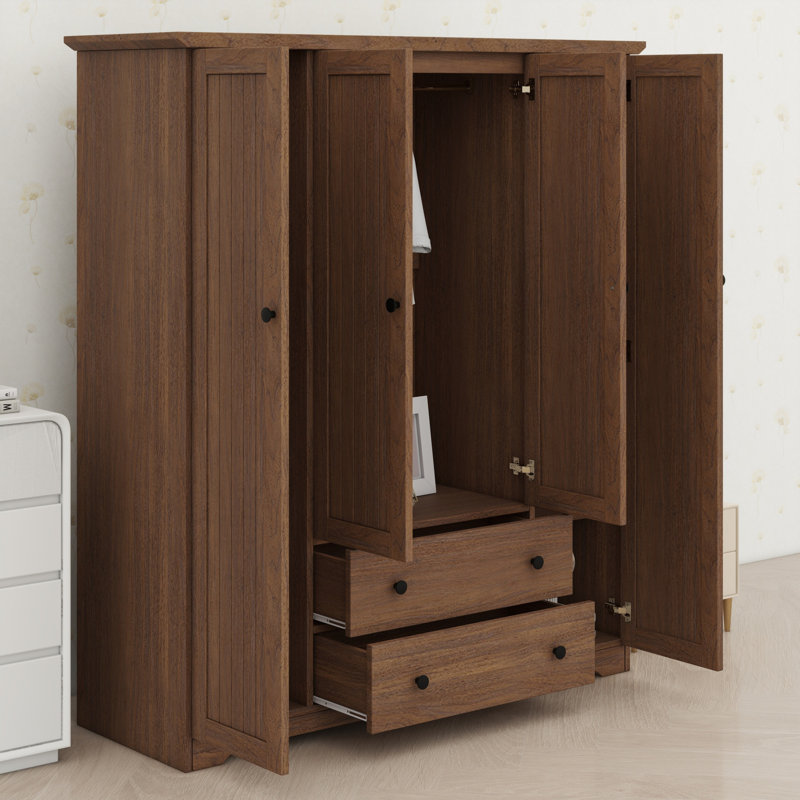 Armoire spacieuse à 4 portes avec tiroirs et rails suspendus, Brun