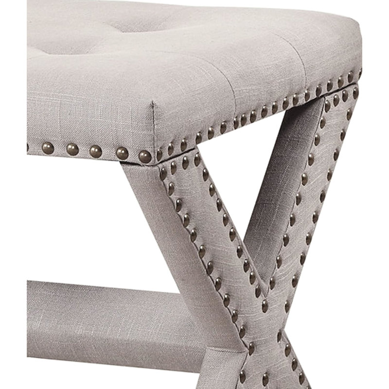Banc contemporain en mélange de lin gris avec design et garniture cloutée pour le salon, structure en bois d'ingénierie durable, coussins en mousse épaisse, P 19 po, l 17 po, H 18 po, siège principal, mousse