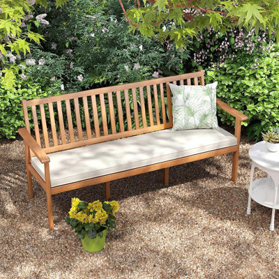 Outdoor 3-Seat Acacia Wood Bench, 64 Inches Extra Long Chair With Cushion, Slatted Seat & Backrest, 3-Person Patio Wood Bench For Backyard, Porch, Bal