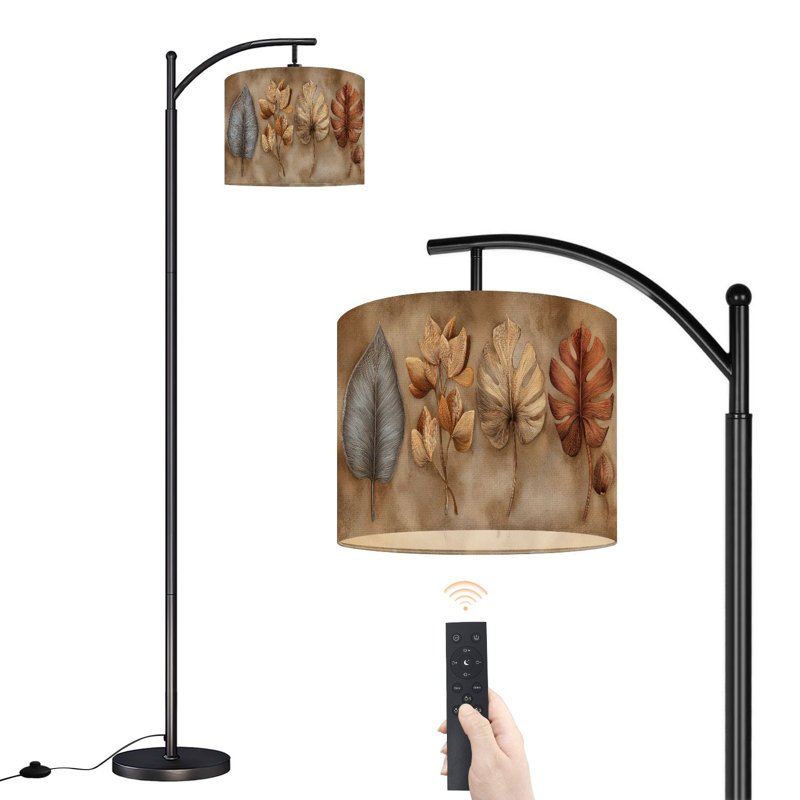 Arc Floor Lamp with Adjustable Lampshade Vintage Tropical Leafy Monstera Deliciosa Ensete Ventricosum Palm Standing Lamp 3 Color Temperatures Dimmable Tall Pole Lamp with Foot Switch for Bedroom