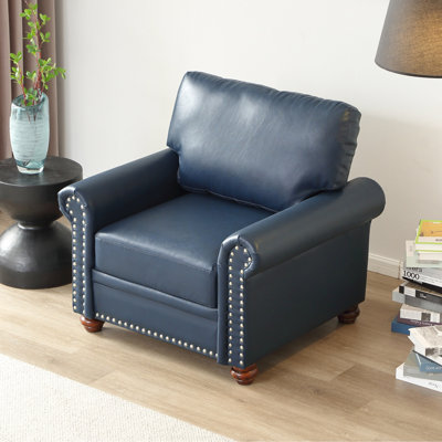 Navy Blue Faux Leather Living Room Lounge Chair, Solid Wood Legs For Comfort Single Seat Leather, Stable & Metal Frame