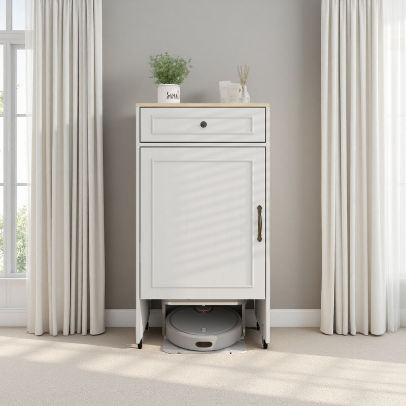 Robot aspirateur avec roulettes, support de rangement pour robot avec portes et tiroirs, table d'appoint pour le salon
