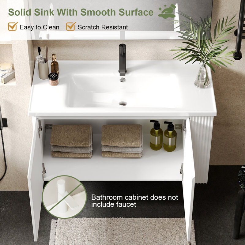 Wall-mounted Floating Bathroom Vanity With Ceramic Sink,free-handle Design,side Open Shelves