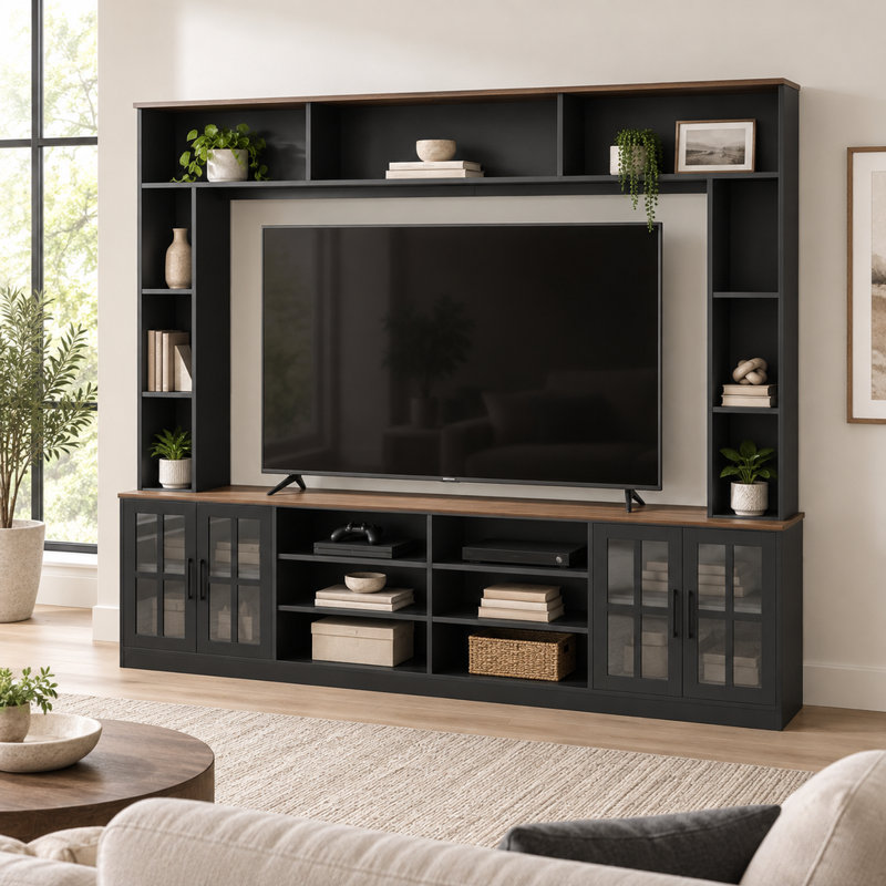Meuble télé mural de 243 cm de large avec étagères pour téléviseurs jusqu'à 203 cm de hauteur