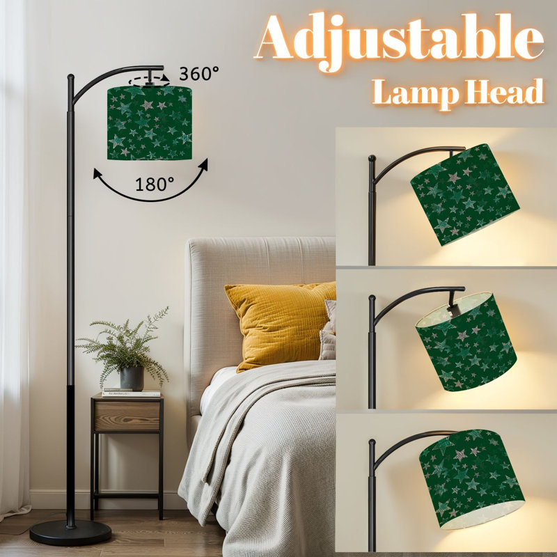 Lampe sur pied à arc avec abat-jour réglable en métal vert argenté et étoile sur pied 3 températures de couleur à haut gradateur avec interrupteur au pied pour la chambre à coucher