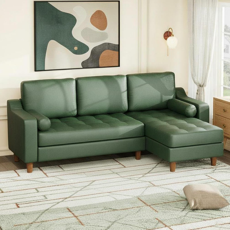 88.9" L-Shape Leather Sectional with Chaise, Green, Green