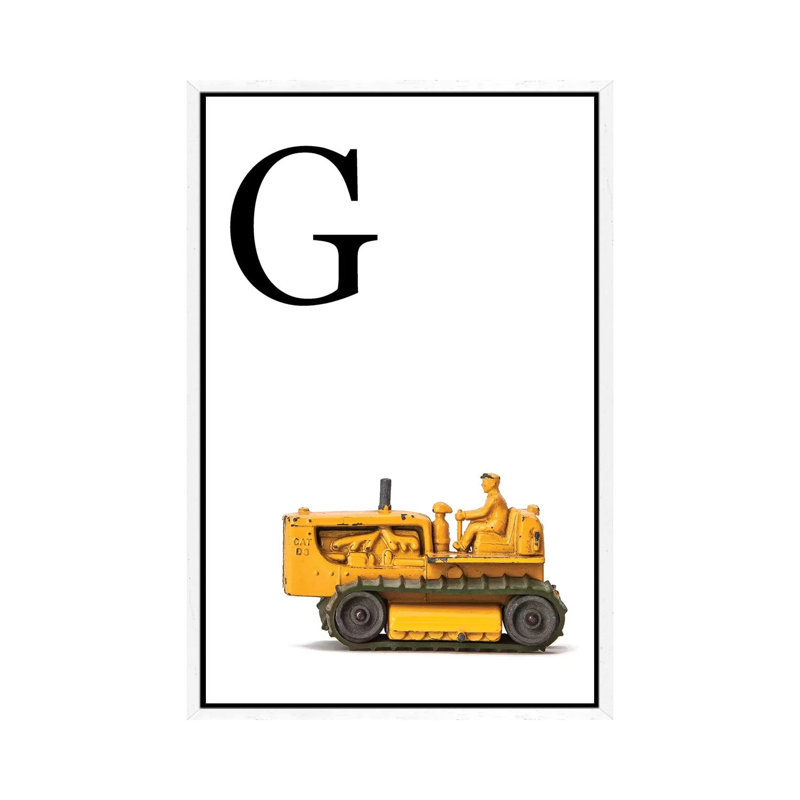 G Bulldozer Yellow White Letter - Print on Canvas, 66.04 cm H x 45.72 cm W, White Framed