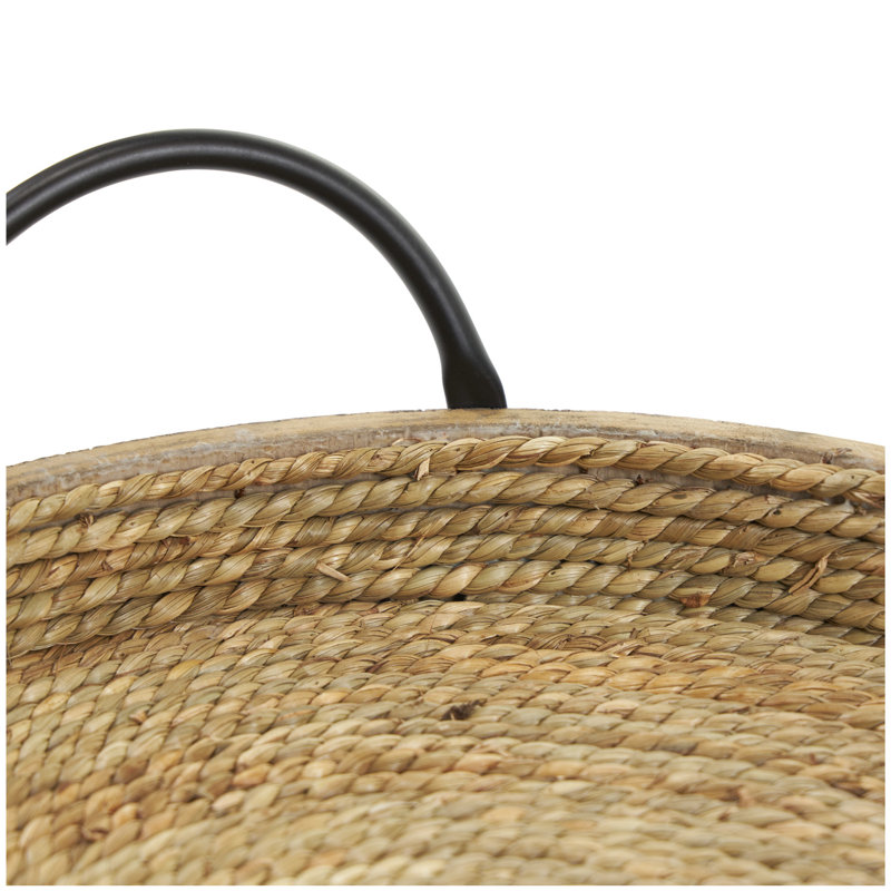 Mafalda Wooden Coiled Oval Decor Brown Tray with Black Metal Handles Set, 4.35" H x 15.1" W x 13.5" D
