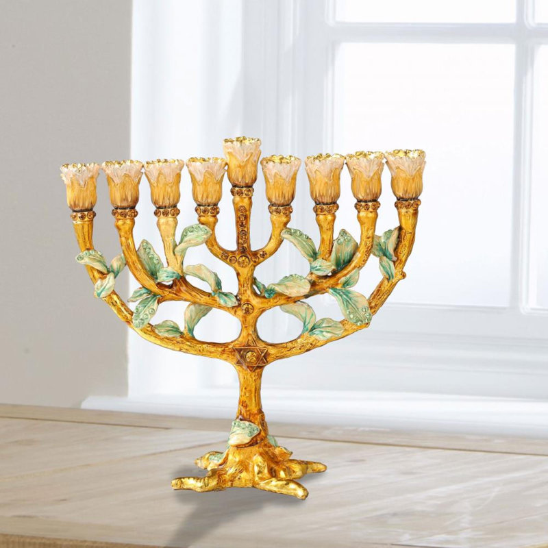Ensemble de célébration de Hanoukka - candélabre de la menorah en émail peint à la main avec motif d'arbre et de boutons floraux et 2 qté de dreidels tournants peints à la main par Matashi