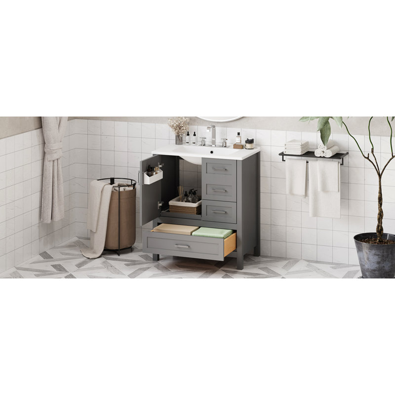 Ensemble de meuble-lavabo 30 po avec lavabo, porte à fermeture en douceur, 3 tiroirs à fermeture en douceur et plateau amovible, structure en bois massif