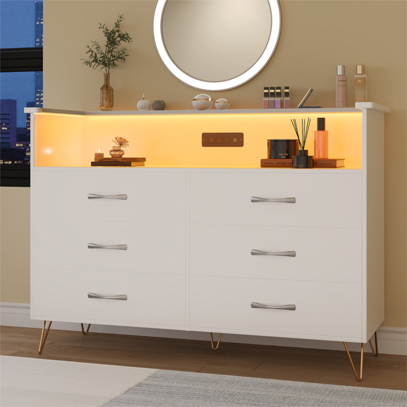 Dresser for Bedroom with LED Lights – 6 Drawer Dressers with Charging Station, Wood Storage Chest for Entryway