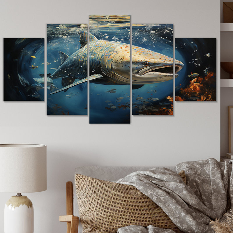 «Shark Elegance II», reproduction d'art mural gris, 5 panneaux