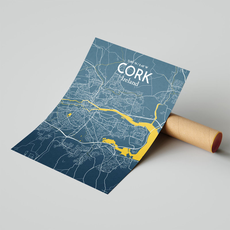 Cork City Map, impression, H 20 po x l 16 po, Bleu / jaune