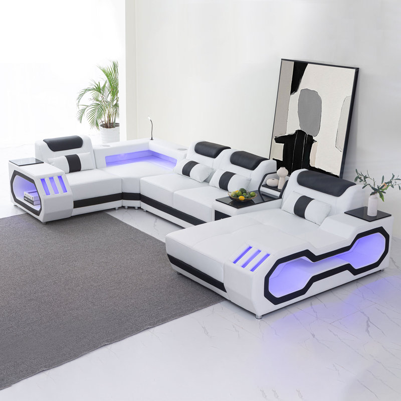 Maryela Upholstered U-Shaped Sectional, Right Hand Facing, White/Black