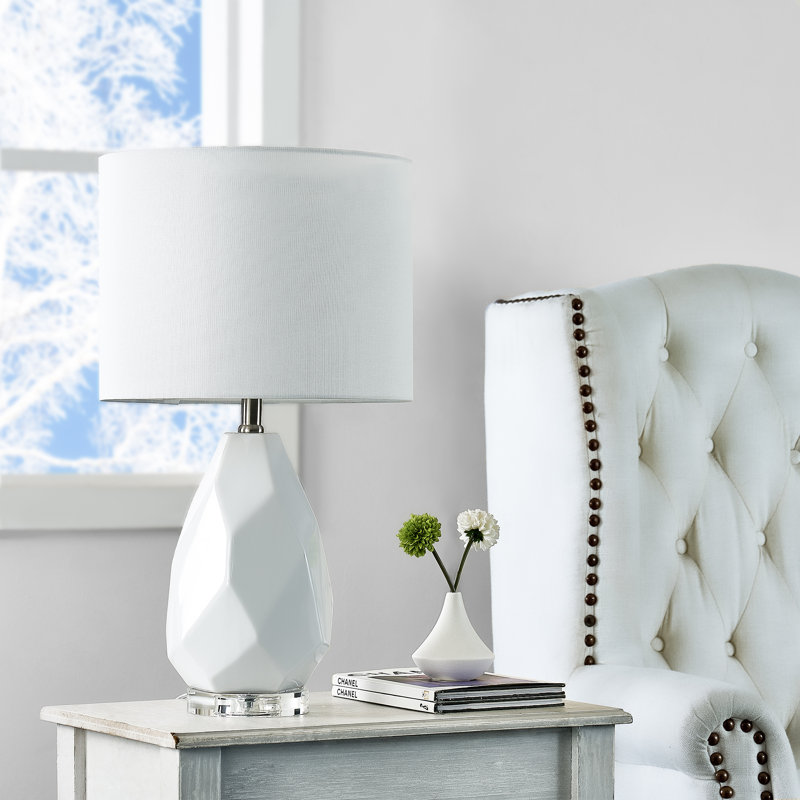 23 po. Cristal de céramique blanche moderne pour chambre à coucher, salon, table de chevet, table de chevet, lampes de table simples avec abat-jour tambour en lin